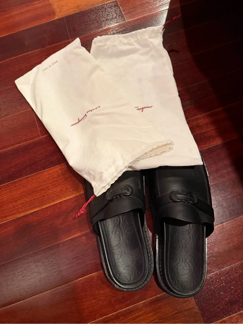 Salvatore Ferragamo Black Slide Sandals with Patterned Rubber Sole